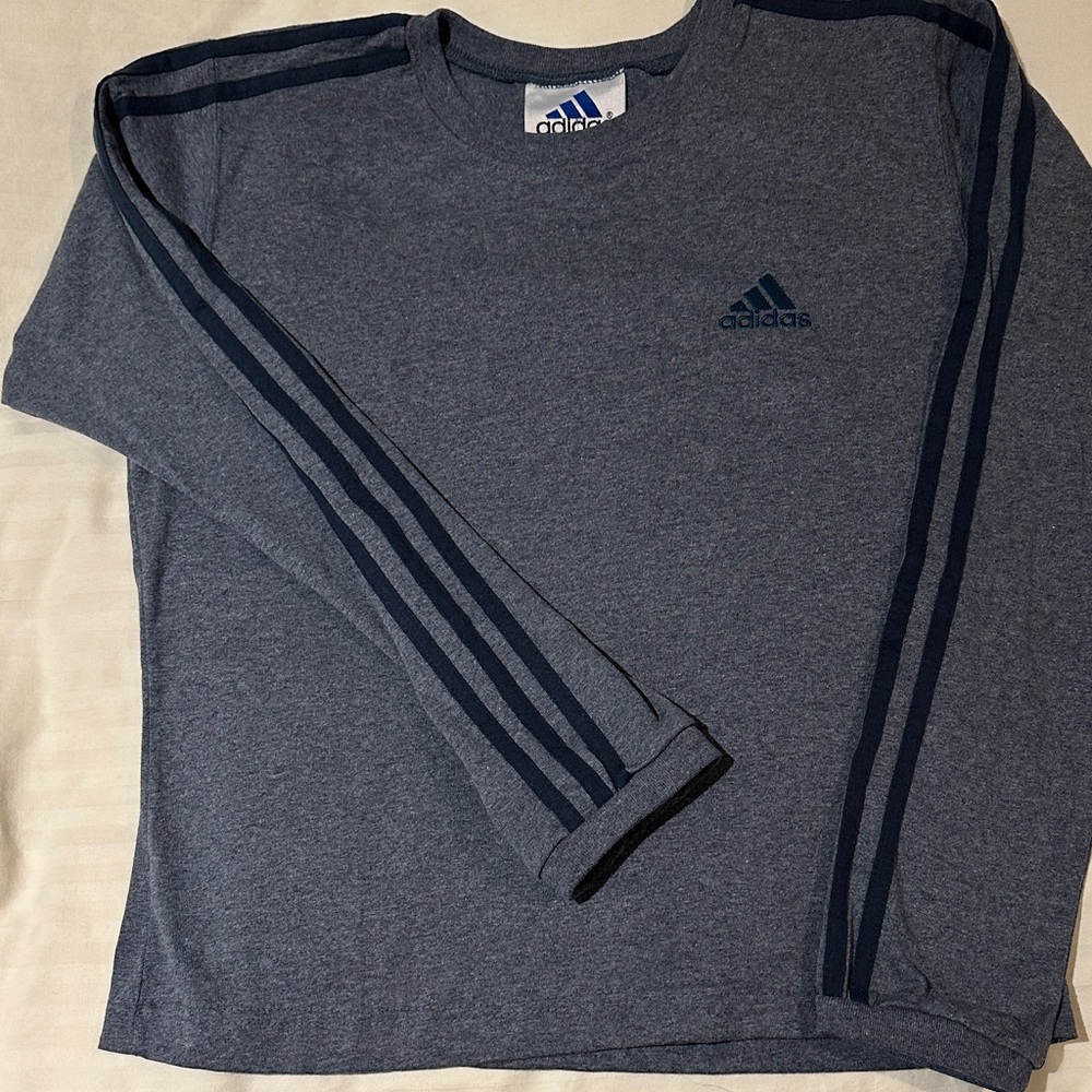 Adidas Heather Gray Long Sleeve with Navy Stripes